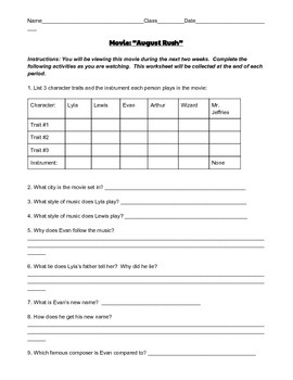 Preview of August Rush Movie Worksheet
