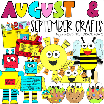 Preview of August & September Crafts Caramel Apple, Sunshine, Robot, Bee, & School Supplies