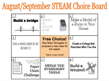 Preview of August/September STEAM Choice Board & Activity Instructions