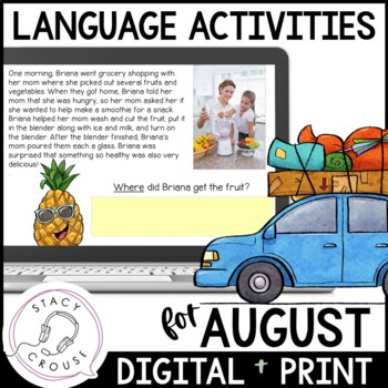 Preview of August Summer Language Activities Speech Therapy Printable Worksheets + Digital