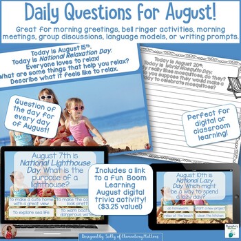Preview of Morning Meeting Discussions and Daily Writing Prompts and Questions - August