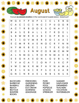 August Word Search (25 Words) by LaRue Learning Products | TpT