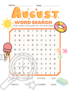 Preview of August | Word Search | Back to School | Colored / B&W | Fall | No Prep