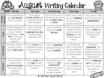 Writing Calendar: 20 Prompts for the Month of August by The Owl Teach