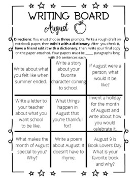 August Writing Choice Board by Jessica Clingan | TPT