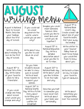 August Writing Prompt Menu - Distance Learning by Teaching in the 3rd ...