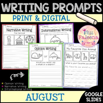 Preview of August Writing Prompts | Print & Digital | Google Slides