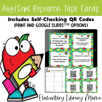 Preview of August/September Research Task Cards with Self-Checking QR Codes
