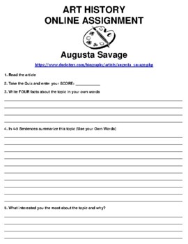 Preview of Augusta Savage ONLINE ASSIGNMENT (PDF/GOOGLE CLASSROOM)