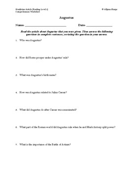 Preview of Augustus Article (Level 2) Comprehension Worksheet