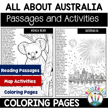 Preview of Australia Coloring Pages Famous Landmarks Map Activities & Australian Animals