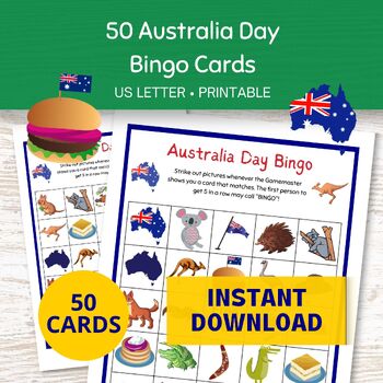 Preview of Australia Day Bingo Cards, 50 Printable Cards for Straya Day, Classroom Games