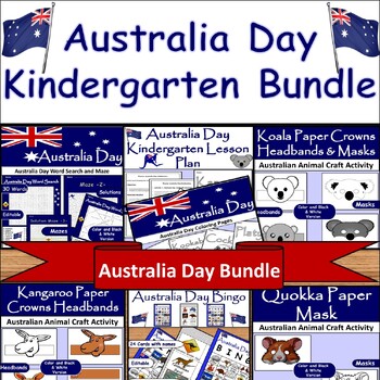 Preview of Australia Day Kindergarten Bundle:Word Search,Coloring,Crowns,Lesson,Bingo,Masks