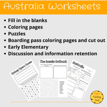 Preview of Australia Virtual Travel Worksheets- Fill in the blanks- Coloring pages- Puzzles
