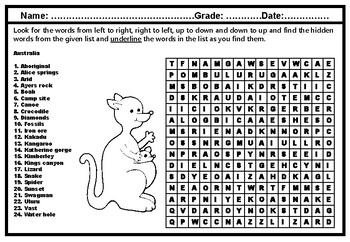 Preview of Australia Word Search, Distance Learning, Vocabulary No Prep Sub Plan