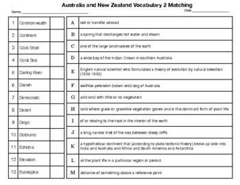 Preview of Australia and New Zealand Vocabulary 2 Matching