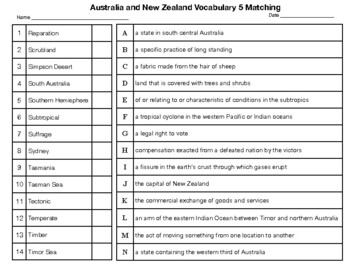 Preview of Australia and New Zealand Vocabulary 5 Matching