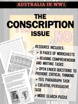 Preview of Australia in WW1 Activities - The Conscription Issue - Reading/Writing/Creative