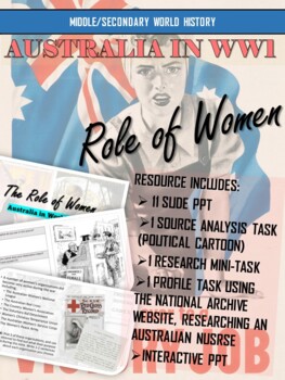 Preview of Australia in World War 1 Activities - Role of Women PPT and Research Task