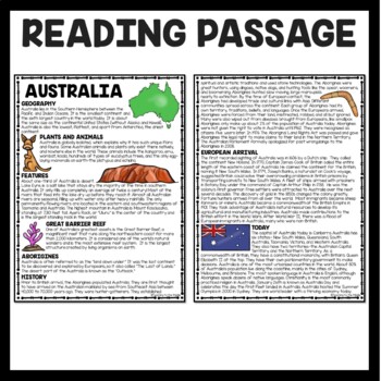 Australia Overview Reading Comprehension Worksheet Oceania | TpT
