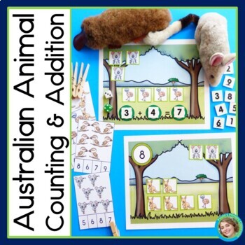 Preview of Australian Animals Counting and Addition | Math Mats and Task Cards
