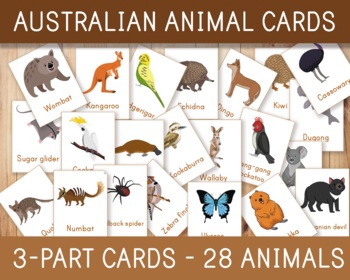 Preview of Australian Animals Flashcards, 28 Animals, Montessori 3-Part Cards