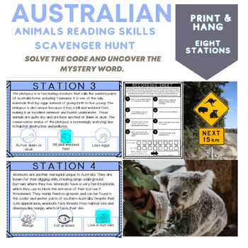 Preview of Australian Animals Passage Codebreaker Scavenger Hunt - 8 Reading Stations