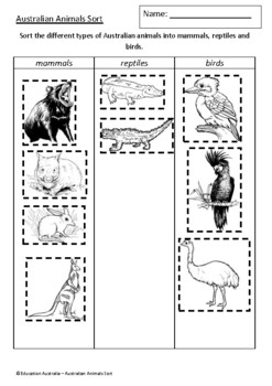 Preview of Australian Animals Sort - Mammals, Reptiles and Birds - Classifying - Test