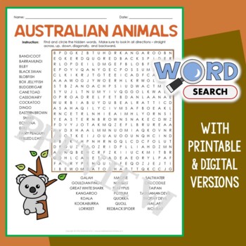 Australian Animals Word Search Puzzle Fun Themed Vocabulary Activity  Worksheet