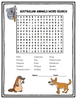 Preview of Australian Animals Word Search Puzzle