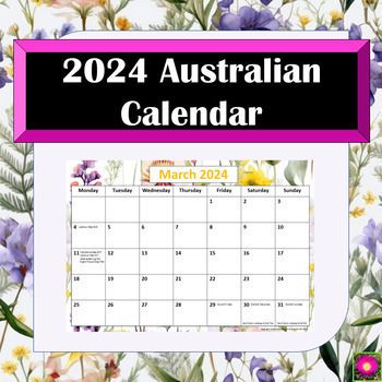 Preview of Australian Calendar 2024 floral A4 printable