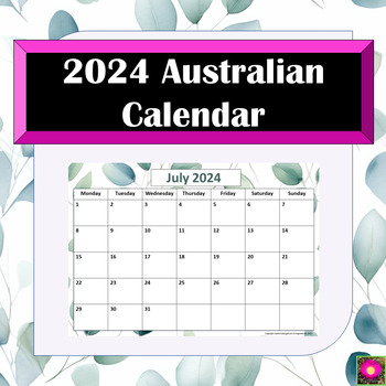 Preview of Australian Calendar 2024 Eucalyptus leaf A4 printable