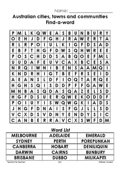 at ringe Håndværker følgeslutning Distance Learning | Australian Cities, Towns&Communities Find-a-Word Word  Search