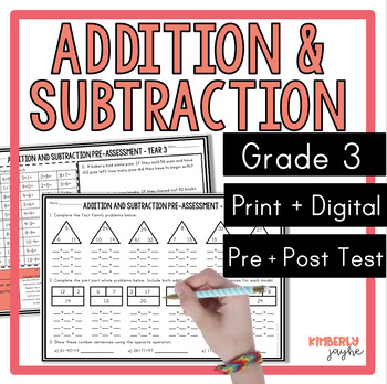 Preview of Australian Curriculum Math Addition and Subtraction Pre & Post Test Year 3