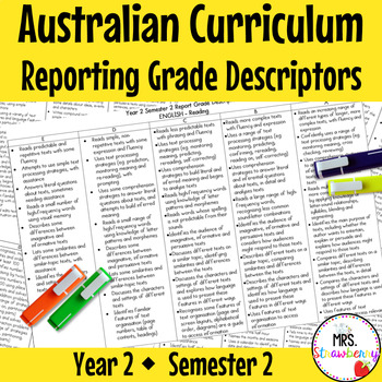 Preview of Year 2 ENGLISH AND MATHS Australian Curriculum Reporting Grade Descriptors Sem 2