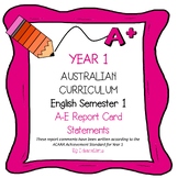 Australian Curriculum Year 1 English Report Card Comments 