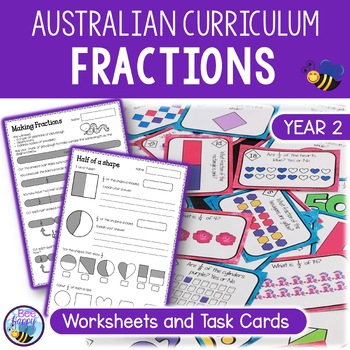 Preview of Australian Curriculum Year 2 Maths Fractions Worksheets and Task Cards