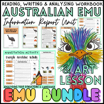 Preview of Australian Emu Information Text Unit & Line Art Lesson Directed Drawing BUNDLE