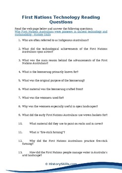 Preview of Australian First Nations Technology Reading Questions Worksheet