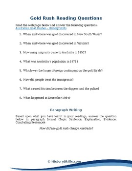 Preview of Australian Gold Rush Reading Questions Worksheet