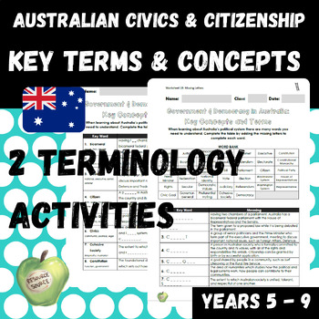 Preview of Australian Government & Democracy Key Concepts: 2 Terminology Activities