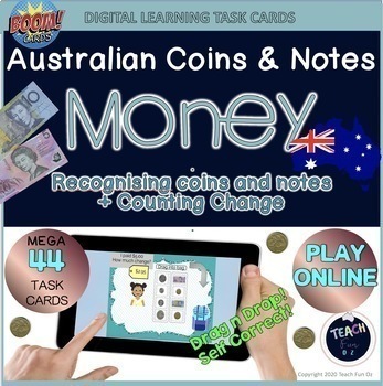 Preview of Australian Money Maths 44 Digital Task Cards Year 3 Grade 3 Boom Deck Online