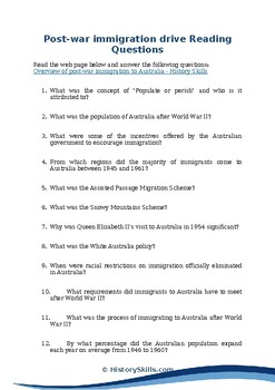 Preview of Australian Post-War Immigration Reading Questions Worksheet