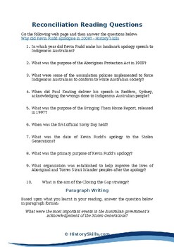 Preview of Australian Reconciliation Reading Questions Worksheet
