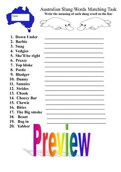 Australian Slang Word Matching Task fun vocabulary task! Paper Printcess