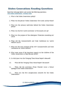 Preview of Australian Stolen Generations Reading Questions Worksheet
