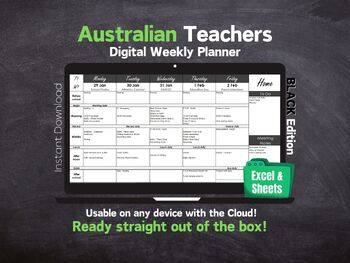 Preview of Australian Teacher Digital Weekly Planner - Dates - Excel & Sheets  - BLACK