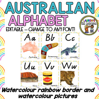 Preview of Australian Watercolour rainbow Alphabet Display Posters - Editable Font