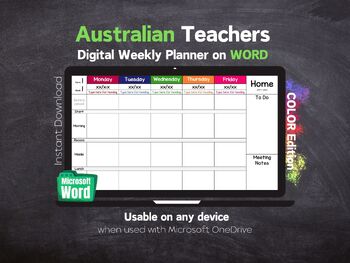 Preview of Australian Teacher Digital Weekly Planner - Microsoft Word - Printable - RAINBOW