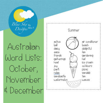 Preview of Australian Word Lists for October, November, December